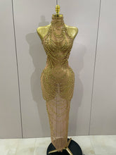Luxury Sparkly Gold Rhinestone Sexy Transparent Mesh Long Dress 2025 Women Birthday Party Gown Stage Singer Performance Costume